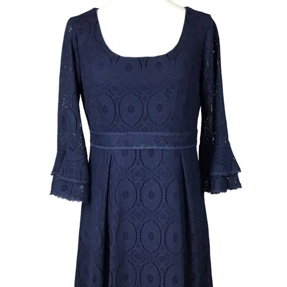 Rabbit Rabbit Rabbit Empire Waist Navy Blue Lace A Line Dress Bell Sleeve sz 10 - Picture 5 of 11